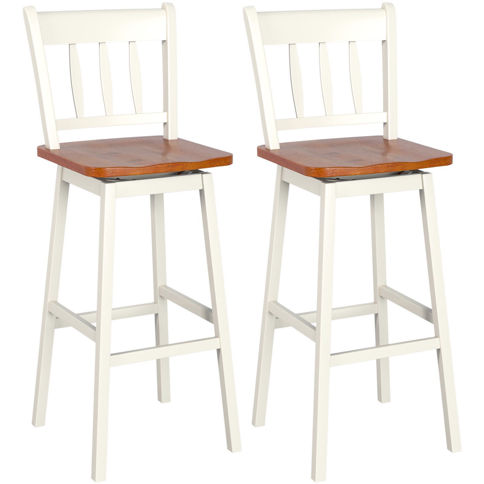 Set of 2 Rubber Wood Swivel Bar Stools with Backrest and Footrest Cream